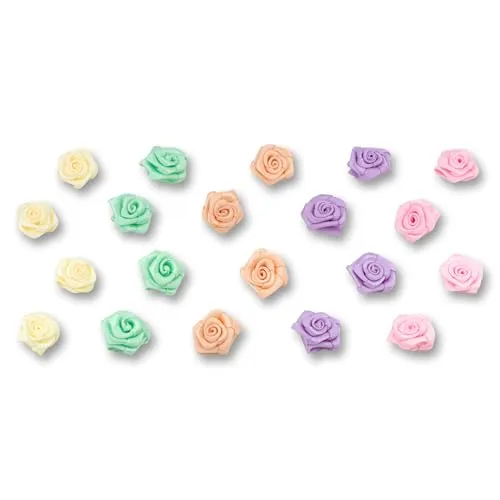 Creativery Satinrosen 15mm 20 Stück - Farbauswahl in 10/15/20/30/60mm - farbecht & waschbar - Kleine Stoffrosen zum Aufnähen - Satin Röschen zum Basteln Nähen Kleben Dekorieren - Pastell Mix