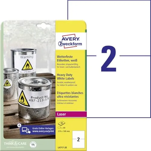 Zweckform Folienetiketten L4717-20, 210 x 148mm, wetterfest - Etiketten für Kopierer und Drucker, selbstklebend und reißfest. Ideal für dauerhafte Beschriftungen, auch unter extremen Bedingungen.