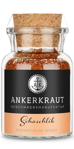 Ankerkraut Schaschlik, Marinade für Fleischspieß, Rind-, Lamm- und Schweinefleisch würzen, Grill oder Pfanne braten, Gemüse-Spieß, 70 g im Korkenglas