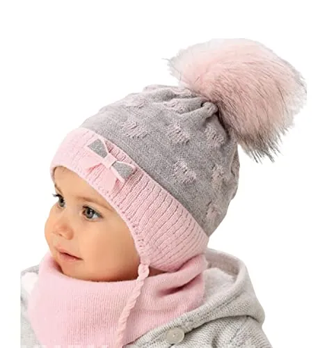 Smarilla Baby Winter Mütze Mädchen Bindemütze Strickmütze mit Dreiecktuch Schal, Größe: 44-46, Farbe: Rosa-Grau