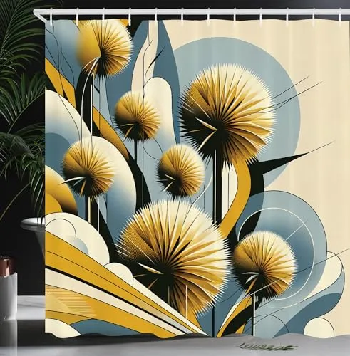 ABAKUHAUS Blumiger Eukalyptus Duschvorhang, Sommerliche Disteln im Retro Minimal Design Garten in Scandi, Stoffliches Gewebe Badezimmerdekorationsset mit Haken, 175 x 200 cm, Senf Blaugrau Creme