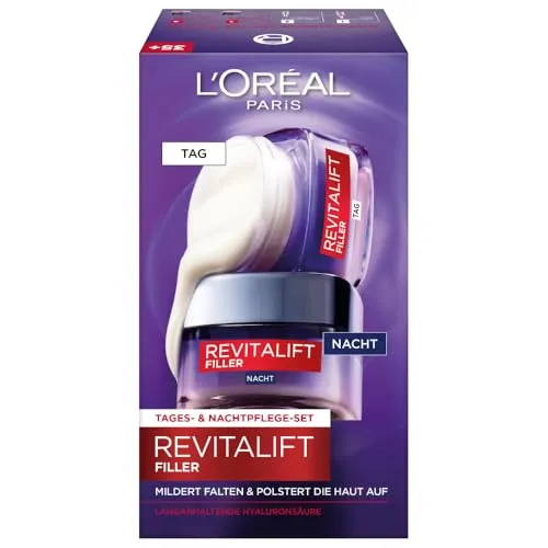 L'Oréal Paris Revitalift Filler Gesichtspflege Set - Nachtpflege-Set mit Anti-Aging Tages- und Nachtcreme, enthält Micro-Filler Hyaluronsäure für straffe und pralle Haut, reduziert Falten sichtbar nach 4 Wochen.