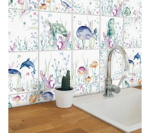 Produktbild K&L Wall Art Fliesenaufkleber Fliesenaufkleber Set selbstklebend Kvilis Delfin Wal Schildkröte Fische