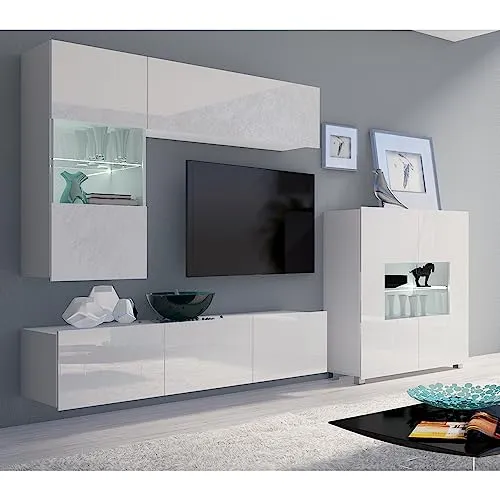 Lomadox Wohnwand Anbauwand weiß Hochglanz 4-teilig Modern - Moderne Wohnwand mit TV-Lowboard, Hängevitrine, Highboard und Stauraumschrank in stilvollem Weiß Hochglanz. Individuell kombinierbar und ideal für jeden Wohnbereich.