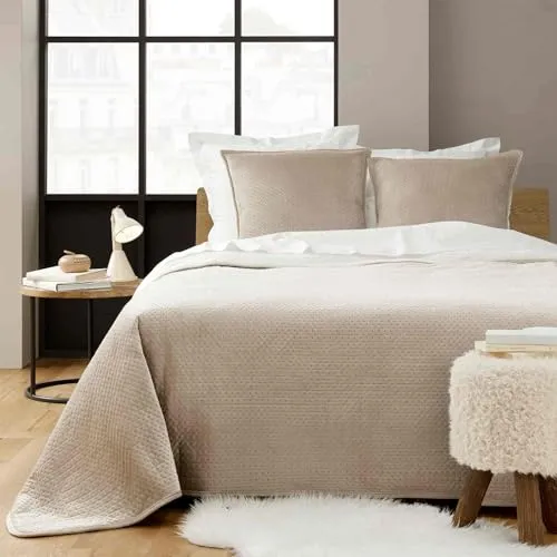 douceur d'intérieur Mylene Tagesdecke mit Kissenbezügen - Bettdecken Set mit gesteppten Tagesdecke (220 x 240 cm) und 2 Kissenbezügen (60 x 60 cm) aus elegantem geprägtem Samt und kuscheligem Sherpa – pflegeleicht und stilvoll für jedes Schlafzimmer.
