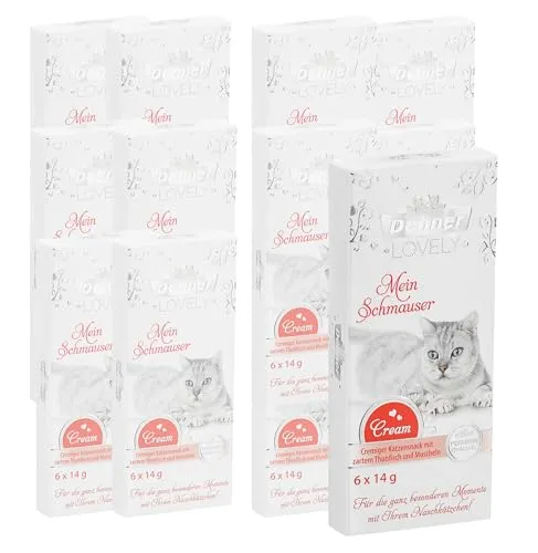 Dehner Premium Lovely Katzensnack - Cremiger Thunfisch & Muscheln - Glutenfreier, zuckerfreier Katzensnack für ausgewachsene Katzen. Exquisite Nascherei mit viel Thunfisch und Muscheln, die die Bindung zu Ihrem Tier intensiviert.