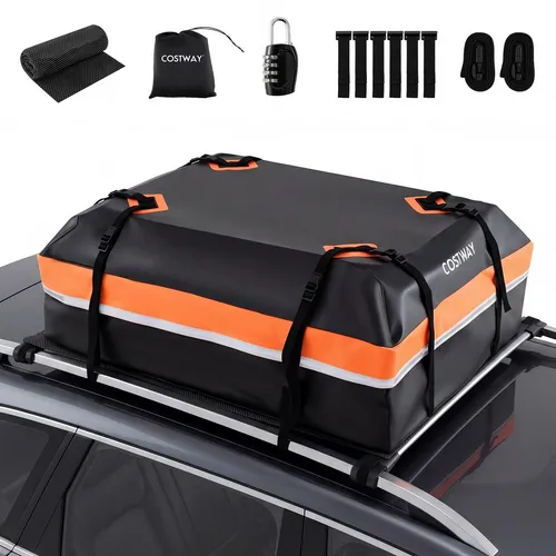 COSTWAY Dachbox Auto, 450L Dachkoffer wasserdicht, Gepäckbox mit Anti-Rutsch-Matte, 6 Türhaken, Schloss & Tragetasche, tragbare Dachtasche Orange