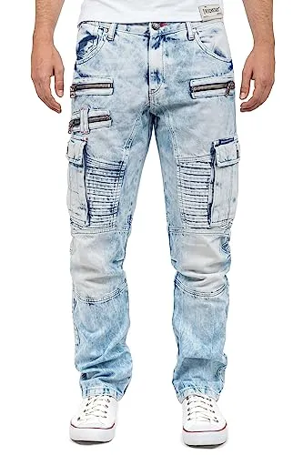 Cipo & Baxx Herren Jeans CD798-bans Iceblue W38/L32 - Herren-Jeanshose im modischen Cargo-Look mit zwei Seitentaschen und stylischen Reißverschluss-Details – ideal für einen urbanen Streetstyle und hohen Tragekomfort.