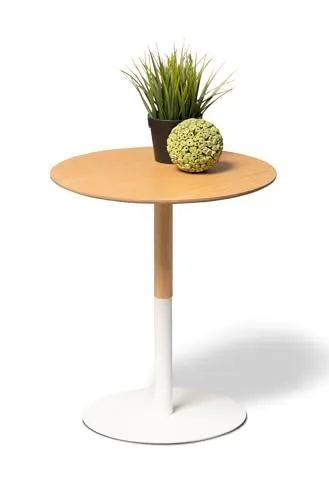 möbelando Beistelltisch Zoe 1 rund, Eiche furniert/Weiß - 46x40cm - Beistelltisch für Wohnzimmer, ideal als stilvolle Ablage neben Sofa oder Sessel mit moderner Optik aus Eichefurnier und Gummibaumholz.