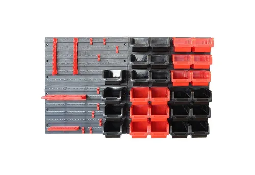 TOP MULTI Werkstattregal Sortierkasten 45tlg. - Werkstatteinrichtung mit 28 stapelbaren Boxen für optimale Organisation von Kleinteilen wie Schrauben und Nägeln. Flexibel montierbare Rückwände bieten individuelle Gestaltungsmöglichkeiten.
