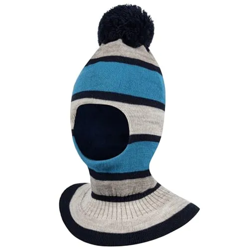 AJS Wintermütze Schalmütze Strickmütze Schlupfmütze warme Jungenmütze Bommelmütze, Farbe: Türkis-Grau