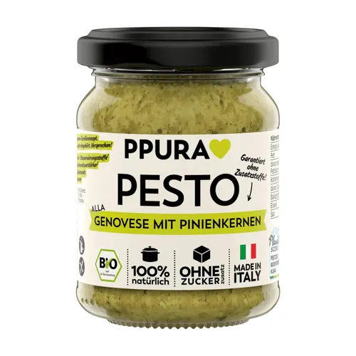 PPURA Pesto Genovese mit Pinienkernen bio - 6er Pack - Bio-Pesto Genovese mit hochwertigen Pinienkernen, ideal für Pasta und Aufstriche, 120 g pro Glas, im praktischen 6er Pack.