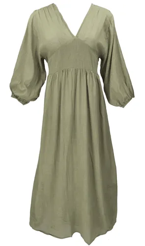 Boho Sommerkleid - Luftiges Langarm Baumwollkleid in Olivgrün - Kleider: Ethno-Stil mit V-Ausschnitt, aus 100% Baumwolle, ideal für Frühling und Sommer, fair gehandelt in Indien.