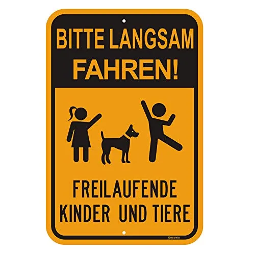 Goodvia Achtung Kinder Und Tiere Schild (45 * 30 cm Aluminium) - Warnschild Spielende Kinder - Bitte Langsam Fahren - Wetterbeständig, Wasserdicht, Haltbare Tinte, Einfach zu Montieren