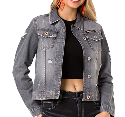 CIPO & BAXX Jeansjacke WJ206 - Damen Funktionsjacke in grau, 100% Baumwolle, mit rockigen Used-Elementen und kontrastfarbenen Nähten für einen coolen Look. Ideal für lässige Outfits!