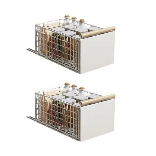 Teleskopschublade, 2PCS Faltbar Ausziehbare Schublade Küche, 23.5*19.5*39.5~56.5cm, Metall Ausziehbarer Schrank Organizer, Kein Bohren Pull Out Cabinet Drawer Organizer, Küchenschrank Organizer, weiß