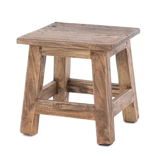 RUSTIKALER Vintage FUSSHOCKER PALO - Hocker fürs Kinderzimmer aus massivem Mahagoni-Recyclingholz, ideal als Beistelltisch oder Sitzgelegenheit mit einzigartigem Vintage-Charakter.