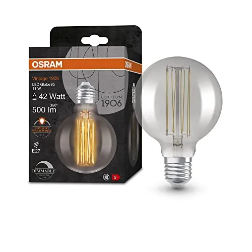 Osram Lamps Vintage 1906 LED-Lampe mit Smoke-Tönung,11W,500lm,Kugel-Form 95mm Durchmesser & E27-Sockel,warmweiße Lichtfarbe,gerades Filament,dimmbar,bis zu 15.000 Stunden Lebensdauer,4058075761353