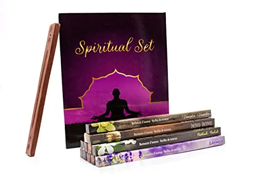 Luxflair Spirituelles Räucherstäbchen-Set, 12 unterschiedlichen Aromen inkl. handgefertigten Räucherstäbchenhalter aus Rosenholz