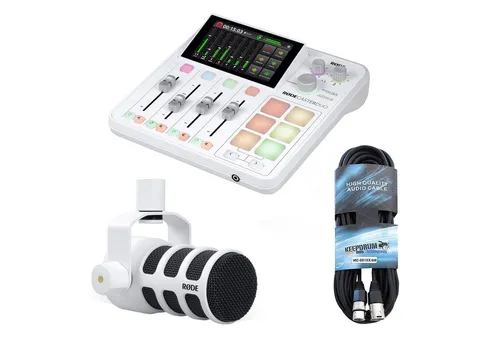 RØDE Rodecaster Duo Weiss mit Podmic Weiss und Kabel - Audio Production Studio: Kompaktes, leistungsstarkes Mischpult für Podcaster und Streamer mit intuitivem Touchscreen und rauscharmen Vorverstärkern.