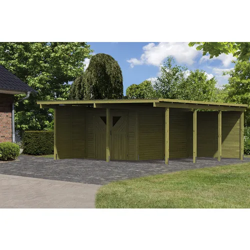 Doppelcarport Karibu Eco 2 Set mit integriertem Abstellraum - Gartenhäuser, Geräteschuppen & Carports – bietet großzügigen Stauraum von 7,3 m² und schützt Ihre Fahrzeuge stilvoll unter einem modernen Flachdach.
