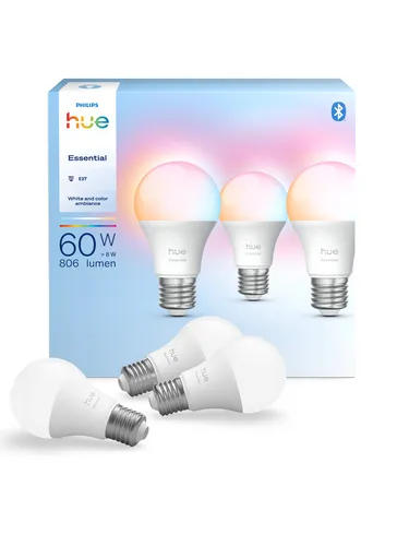 Philips Hue Essential White and Color Ambiance E27 8W LED Lampe - 3er-Set - Leuchtmittel für individuelle Lichtgestaltung, mit Farbkontrolle von weiß bis zu Millionen Farben und dimmbarem Licht für jede Situation.