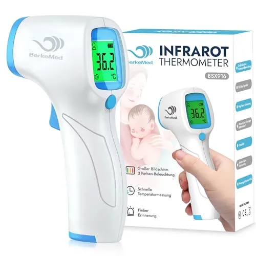 BerkeMed Fieberthermometer Kontaktlos,Infrarot Stirnthermometer,Fieberthermometer Baby,für Babys Kinder und Erwachsene, Digital Thermometer Fieber,Sofortige Genaue Messwerte, LCD Anzeige,Weiß_Blau