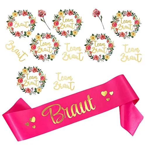 Oblique Unique® Braut Schärpe + Braut/Team Braut Tattoo Set für Junggesellinnenabschied JGA Hochzeit Hen Party Accessoires Pink Gold