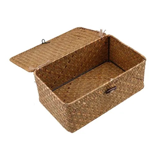 Aufbewahrungskorb aus geflochtenem Rattan Aufbewahrungsbox mit Deckel Seegras...