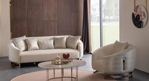Luxus Couchgarnitur Sofa 3 Sitzer Sessel Beige Gold - Sofas & Sessel – Elegante Couchgarnitur mit Edelstahl- und Holzgestell, ideal für stilvolle Wohnzimmer. Inkl. Kissen für zusätzlichen Komfort.