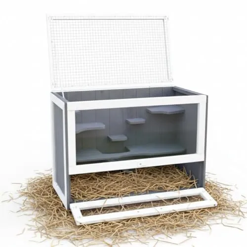 Melko Hamsterkäfig XXL Holz Grau Weiß – Mehrstöckiger Nagerkäfig mit 5 Ebenen