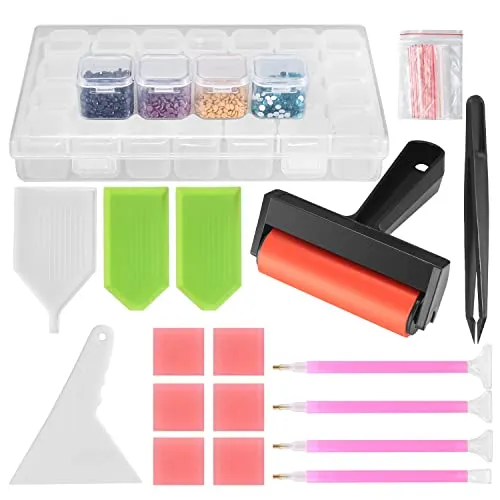 Stück 5D Diamond Painting Zubehör Set, 5D Diamant Malerei Werkzeug Aufbewahrungsbox für Erwachsene/Kinder, mit Stifte, Kleber, Platte, Pinzette, Taschen, Etikette 42