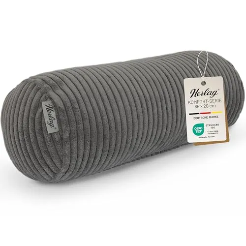 Herlag Kissenrolle Ella Grau 65x20cm - Große Nackenrolle aus Kord - Unterstützendes Seitenschläferkissen - Kuschelige Sofarolle für Erwachsene & Kinder - Waschbare Dekokissenrolle - Öko Tex 100