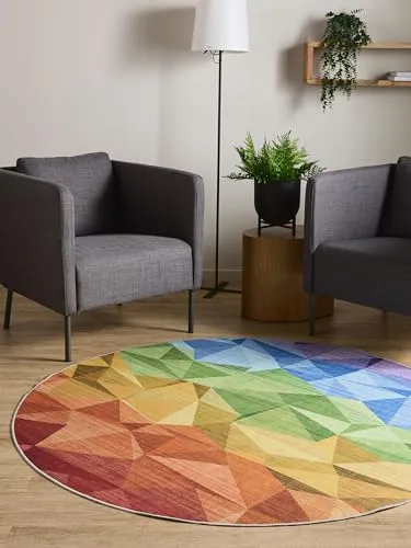 Interiyou Vintage Teppich Wohnzimmer Gent - 160x160 cm Rund Multicolor - Für Schlafzimmer, Esszimmer, Kinderzimmer - Kurzflor waschbar und rutschfest, Print Muster