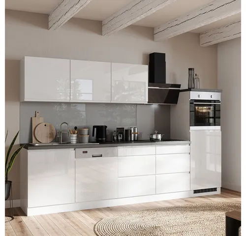 Lomadox Küchenzeile MARSEILLE-03, Hochglanz weiß, 300cm - Moderne Küchenzeile in Hochglanz weiß mit Arbeitsplatte in Betonoptik. Ideal für stilvolle Küchen, bietet viel Platz und Funktionalität ohne Elektrogeräte.