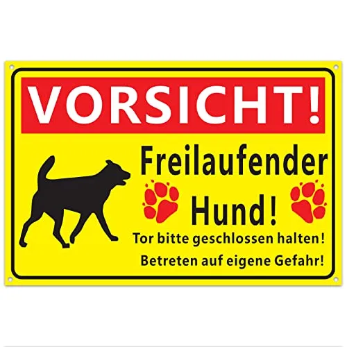 BETESSIN Vorsicht Freilaufende Hund Schild Warnschild Hund 30x20cm Hinweisschilder mit 5mm Bohrlöcher Schilder PVC Hart-Plastik Wetterfest & UV-beständig Schild Gelb