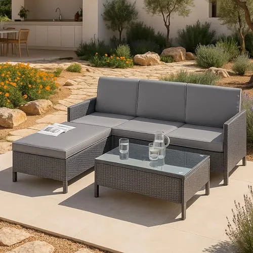 [en.casa] Gartenmöbelset Rattan 3-TLG. - Stilvolle Loungeset für Ihre Terrasse - Unterhaltungssets für die Terrasse - 3-tlg. wetterbeständiges Loungeset mit Sofa, Hocker und Tisch, ideal für bis zu 4 Personen und schafft ein mediterranes Ambiente.
