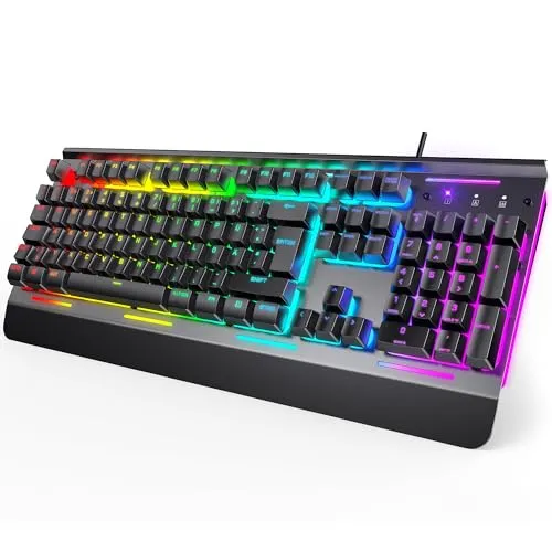 TECKNET RGB Gaming Tastatur für PC, Membran Tastatur mit 105 Tasten, Vollmetall-Pane, Handgelenkauflage,15-Zonen RGB Beleuchtung, 25 Anti-Ghosting-Tasten, Computer Keyboard, Deutsches Layout(QWERTZ)