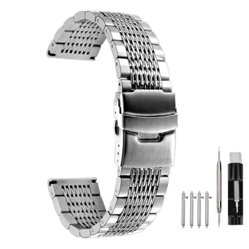 Kai Tian Premium 18mm Silber Armbanduhr Edelstahl Uhrarmband Mesh Uhrenband für Damen Herren Doppelschlösser Faltschließe Uhrenarmband Ersatz Metall Armband