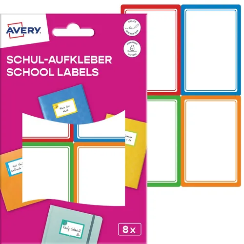 Produktbild AVERY Buchetiketten Papier 44 x 64 mm farbige Rahmen 8 Etiketten auf 2 Bögen