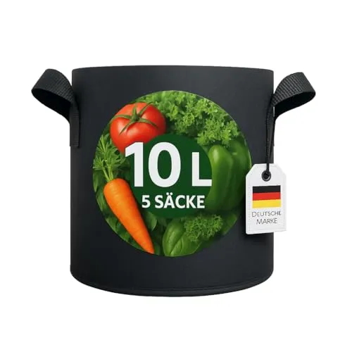 König Design 5X 10L Pflanzsack aus Vlies Stoff - 5er Set 10L Pflanztaschen aus 300 g/m² Filz & Vliesstoff - Pflanzgefäß Pflanzbeutel für Balkon Terrasse Gewächshaus & Garten