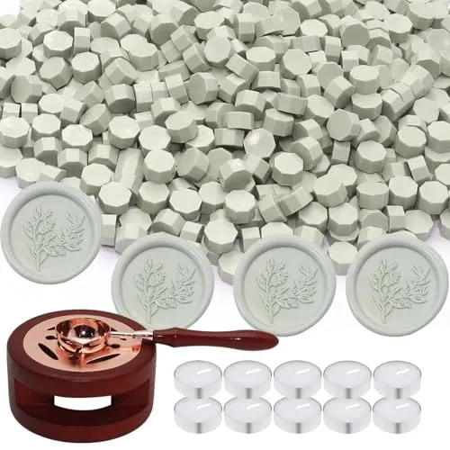 Wachs Siegel Kit, Atopbb 300pcs Salbei Grün Wachs Siegel Perlen, 1pcs Holz Wachs Siegel Wärmer, 1pcs geschmolzener Löffel und 10pcs Teekerzen für Wachs Siegel Stempel Kit (Salbei Grün)