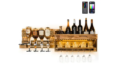 Yorbay Weinregal mit LED-Licht - Vintage Weinregal mit LED-Beleuchtung, bietet Platz für 4 Getränkespender und 6 Gläser, ideal für stilvolle Präsentation und Nutzung in Küche oder Wohnzimmer.