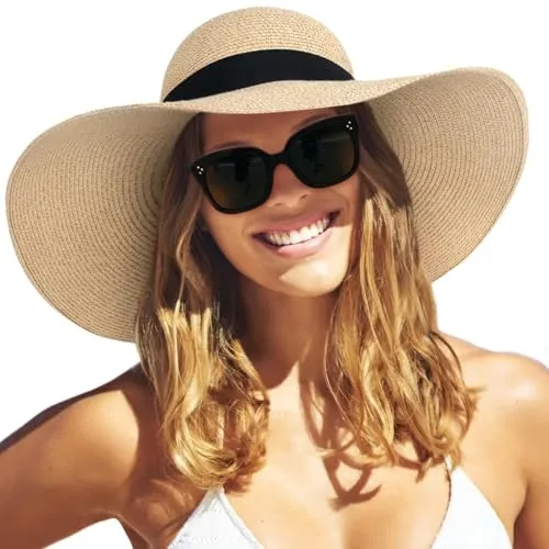 FURTALK Moderner Sommerhut für Frauen UV-Schutz Strohhut mit Breite Krempe Faltbar Sonnenhut UPF80+ Strandkappe