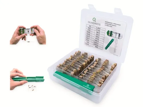 QUAD 1810P018 Kohleschicht-Widerstand - 1002 Teile Sortiment - Widerstandssortiment mit 50 verschiedenen Werten (1 Ohm - 1M Ohm), ideal für Labor, Werkstätten und Bildung. Inklusive Abbiegevorrichtung und Widerstandsuhr für optimale Nutzung.