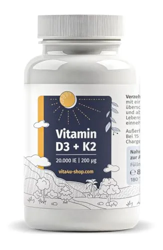 Vitamin D3 20000 I.E. mit 200μg Vitamin K2 All-Trans-MK7-180 vegetarische Tabletten - Depot: 1 Tablette pro 20 Tage
