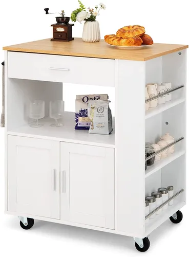 GOPLUS Küchenwagen, Servierwagen mit Schublade, Zweitüriger Schrank, Dreistufiges Gewürzregal, Wasserfest, Räder mit Bremsen, Rollwagen Küchenregal (Weiß)