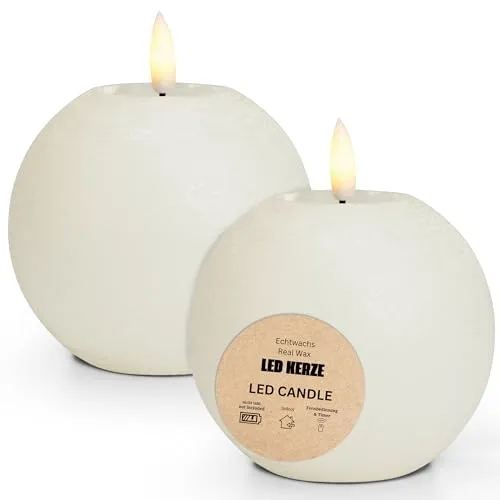 matches21 HOME & HOBBY LED Kerze Kugel aus Echtwachs mit Timerfunktion - Kerze realistisch flackernde Flamme warmweiß Ø 10 x 9 cm - Elektrische Wachskerze in Weiß als gemütliche Tischdeko