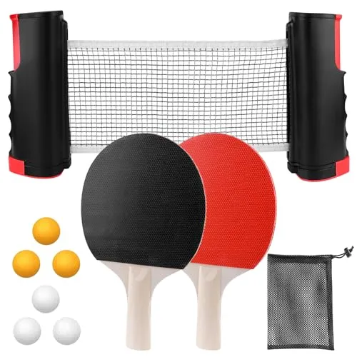 Tischtennisschläger Set, Tischtennis Set Profi mit 2 Tischtennis Schläger, 1 Einziehbarem Netz, 6 Tischtennis-Bälle und 1 Tragetasche,Professionelles Ping Pong Set für Indoor Outdoor Kinder Erwachsene