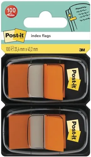 Post-it Haftstreifen Index Standard, 50 Blatt, orange - Haftnotizen für klare Markierungen, selbsthaftend und ablösbar, ideal für Büro und Zuhause. Enthält 2 Spender mit 50 Streifen, Größe 25,4 x 43,2 mm.